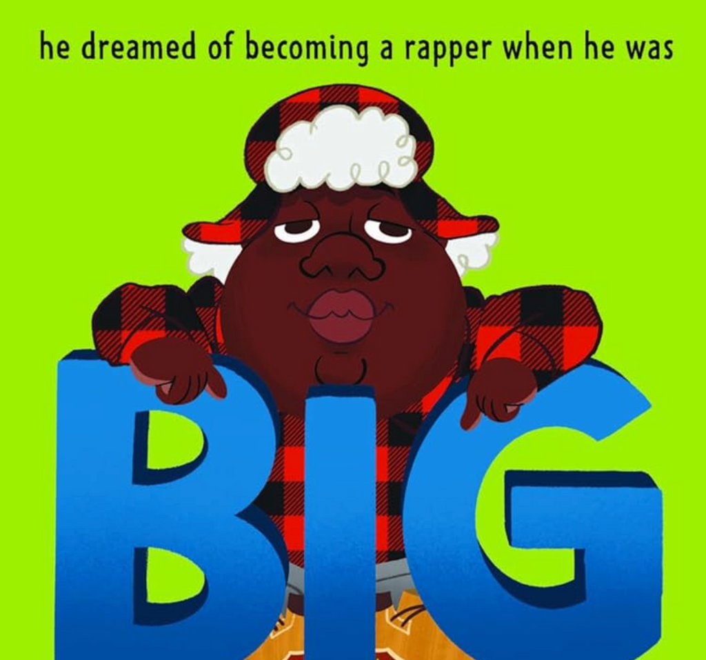 Interior page from "Legends of Hip Hop Biggie Smalls" with an illustration of Biggie wearing a red plaid hat and coat standing over the letters "BIG"