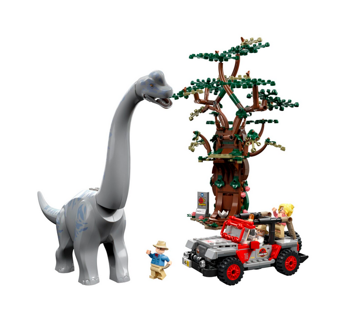 LEGO Jurassic World Brachiosaurus Discovery playset. It features a posable Brachiosaurus, the tallest LEGO dinosaur figure to date, plus a buildable toy Jeep Wrangler and a tree. The Jeep has space for the 3 minifigures – Dr. Alan Grant, Dr. Ellie Sattler and John Hammond and the tree has a viewing platform and detachable leaf elements to feed to the Brachiosaurus.