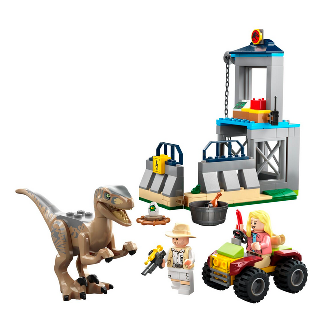 Inspired by an iconic Jurassic Park scene, it features a dinosaur pen with a tower, breakout function and winch to lower food to the Velociraptor figure. The set also includes a buildable off-roader vehicle, 2 minifigures, Dr. Ellie Sattler and Robert Muldoon, plus a frog figure.