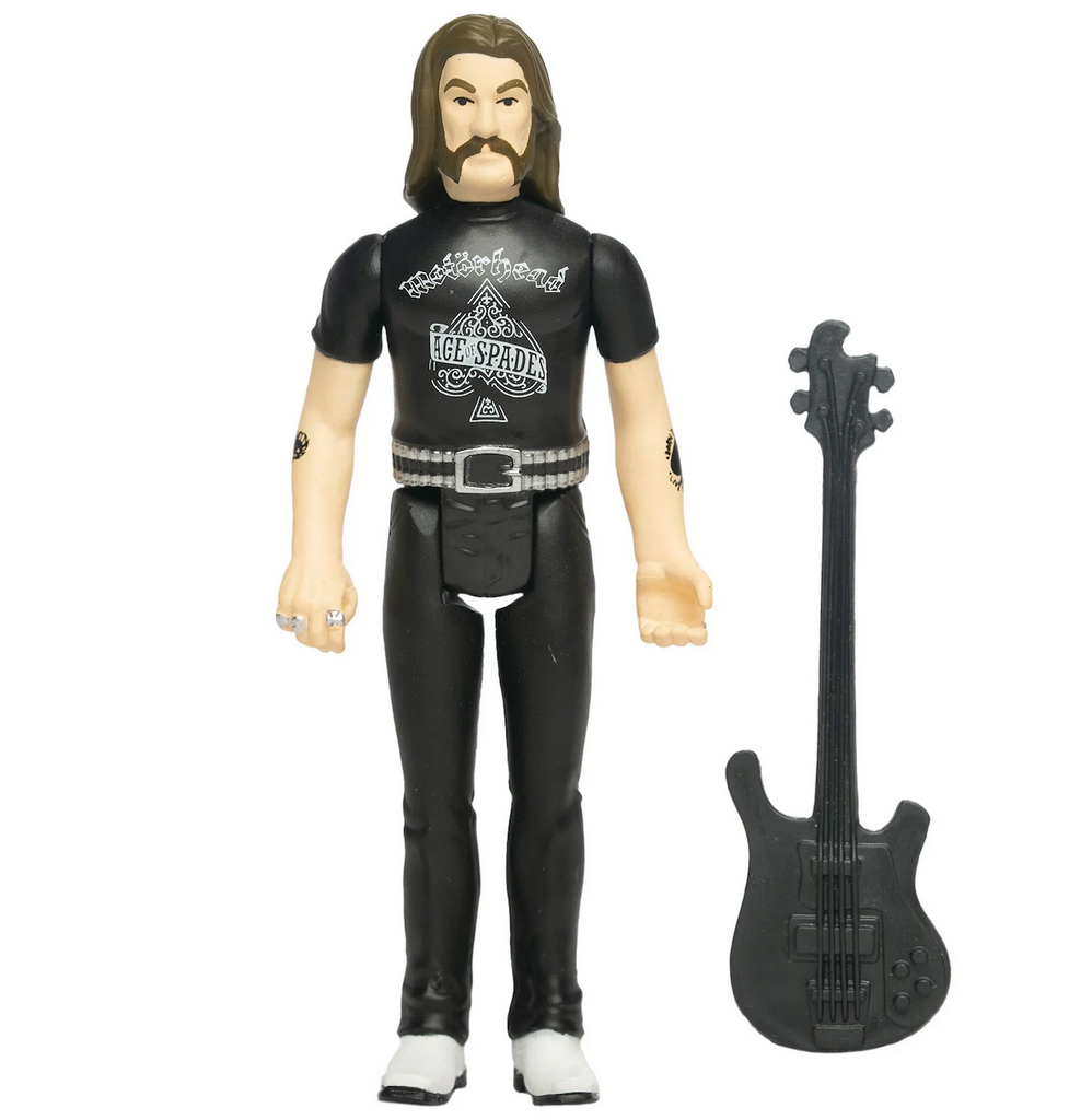 Lemmy Kilmister action figure wearing black jeans and t-shirt with Ace of Spades logo. His black bass guitar is an included accessory. 