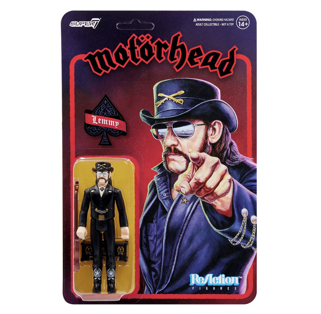 Lemmy from Motorhead action figure wearing his trademark sunglasses as well as his iconic cavalry hat and cowboy boots. Packaged on a backing card with an illustration of the legend. 