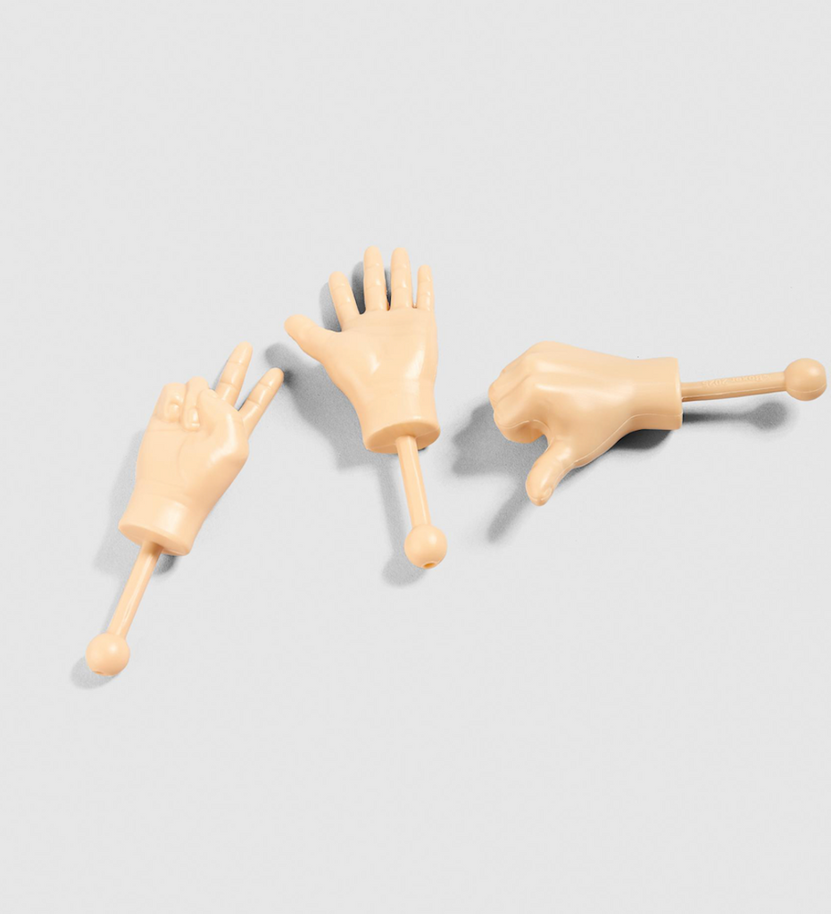 Set of three tiny hands, a thumbs up, peace fingers, and high five. 