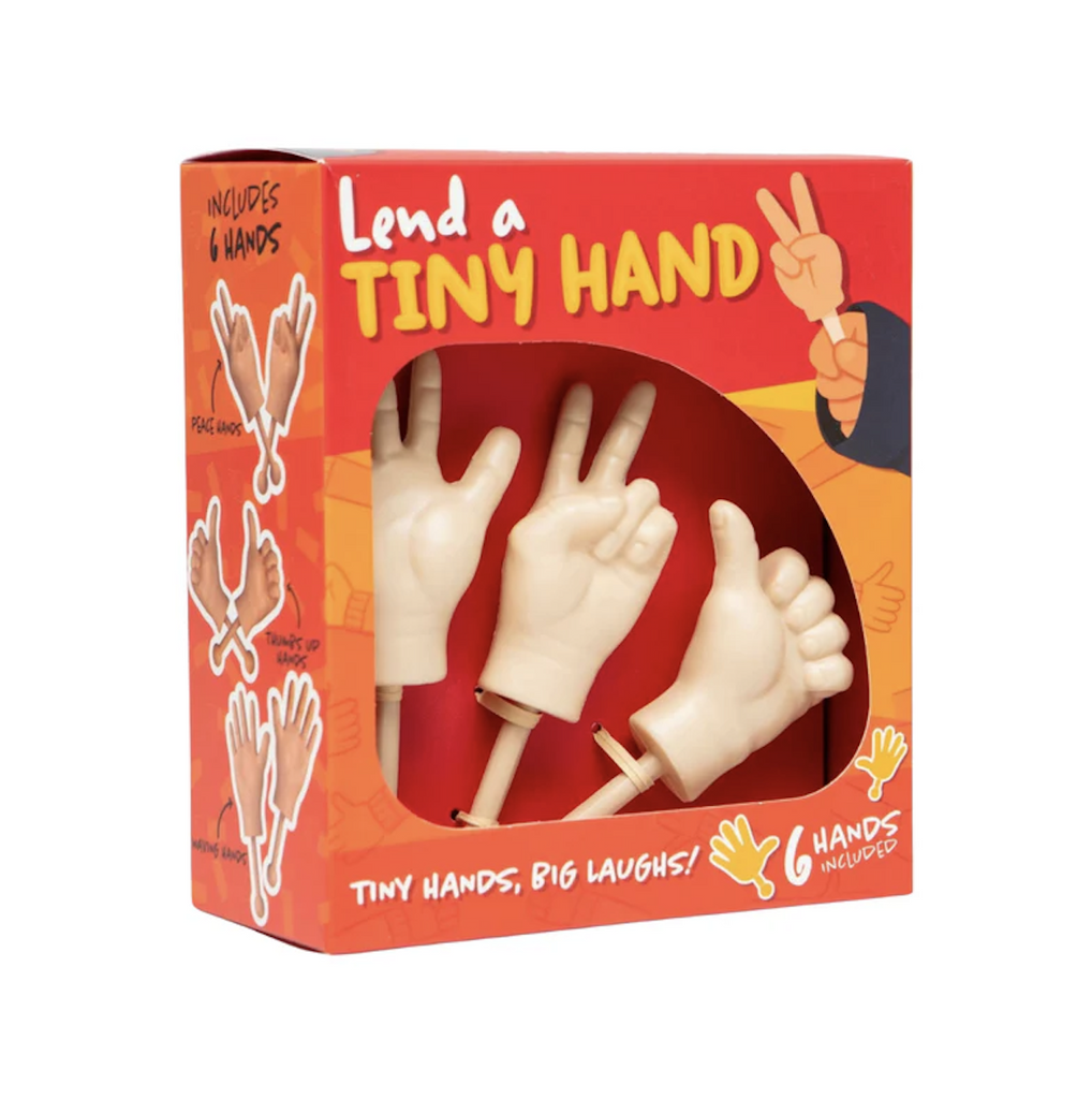Set of three Tiny Hands packaged in a red box with an opening to show the thumbs up, peace fingers, and high five hands. 