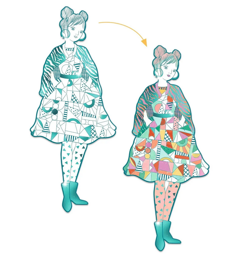A before and after picture of a Les Demoiselles doll decorated with bright fashionable colors.