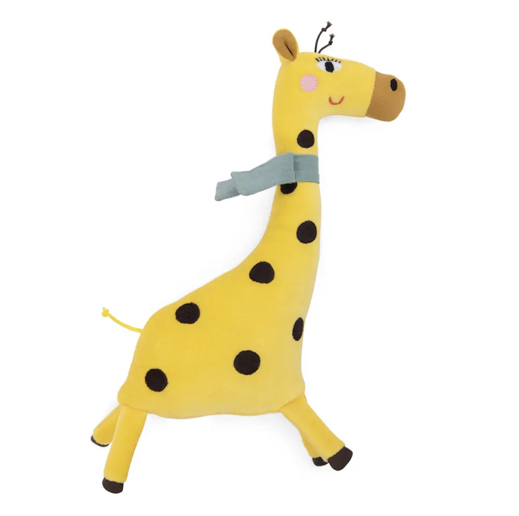 Yellow, spotted plush Giraffe rattle wearing a blue scarf. 