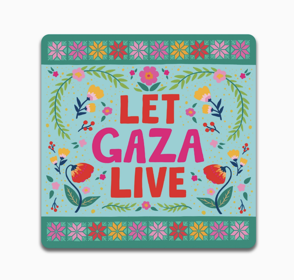 A rectangular shaped sticker with a pretty floral print that reads "Let Gaza Live" 
