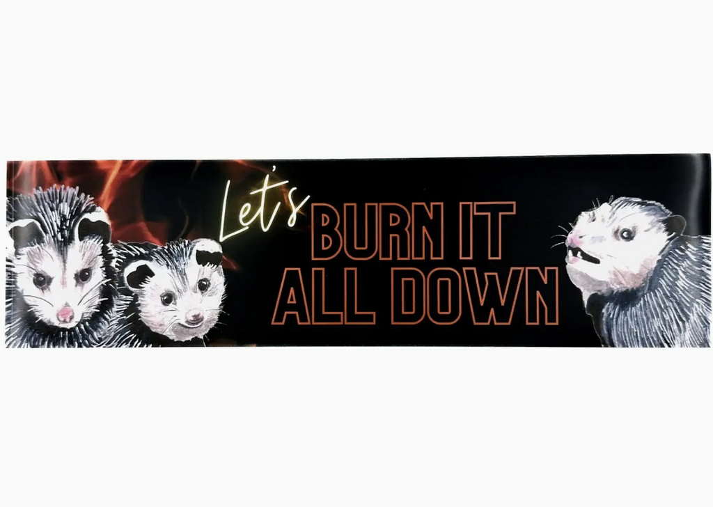 Traditional sized bumper sticker in a rectangle shape with illustrations of opossums that reads "Let's Burn it All Down" 