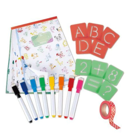 Number and letter stencils, markers, tape and paper included with Letters and Numbers Tracing Set. 