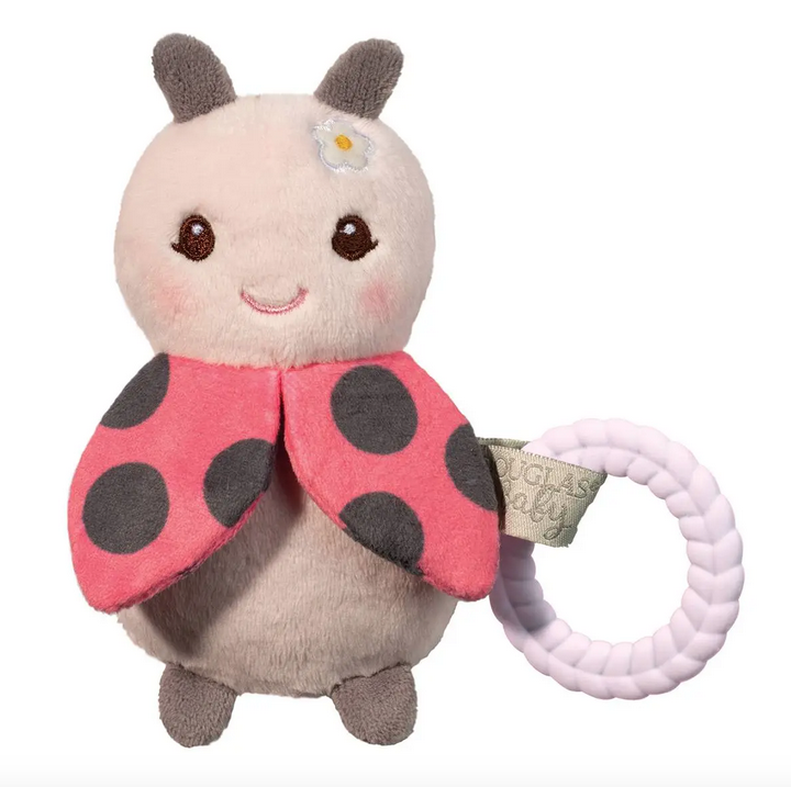 Plush ladybug with crinkly red and black wings with a teething ring attached. 