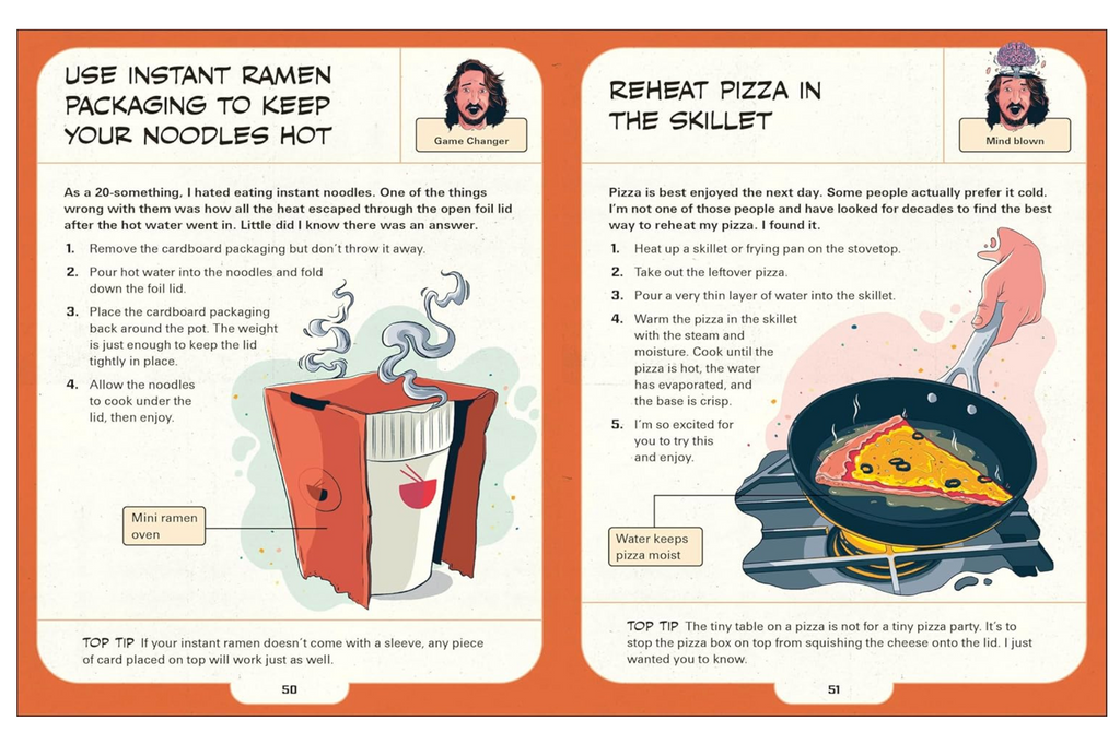 Two interior page with illustrations: one showing how to use instant ramen packaging to keep your noodles hot, the other how to reheat pizza in a skillet.