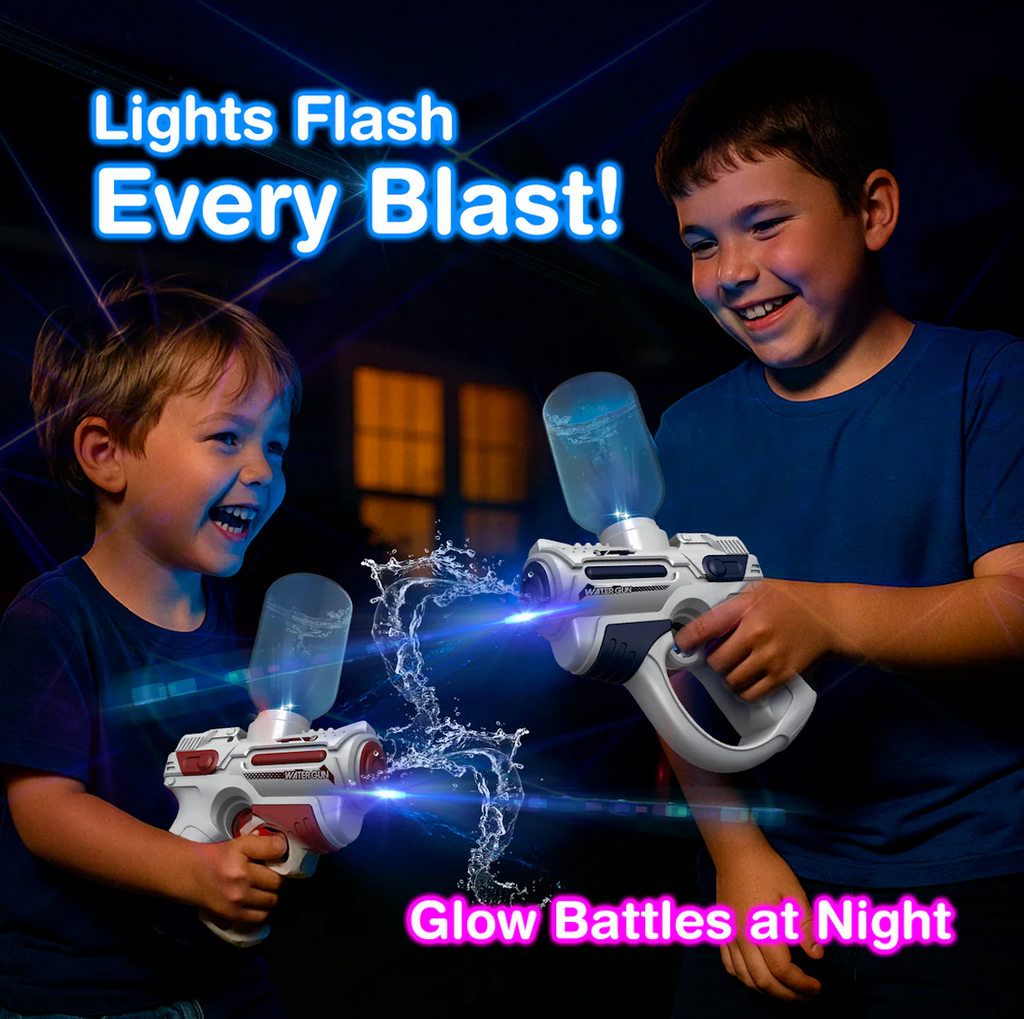 Two children playing with the light up water blasters at night. With text that reads "Lights flash, every blast! Glow battles at night!" 