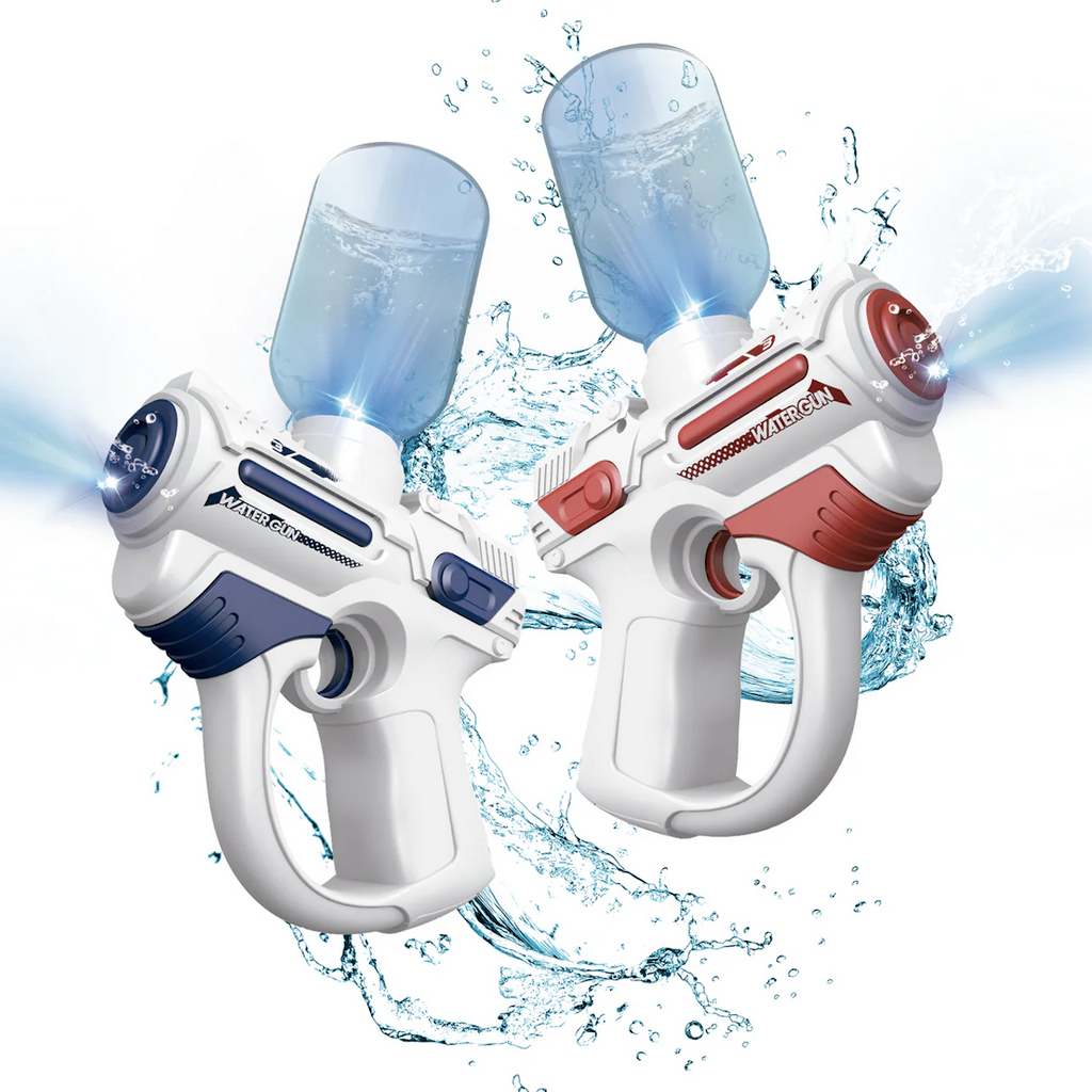 View of both the Light Up Electric Water Blasters, one red and one blue, both blasting illuminated water. 