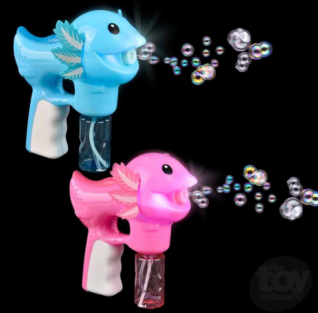 Blue and pink light up axolotl bubble blowers blowing bubbles on a black back drop.