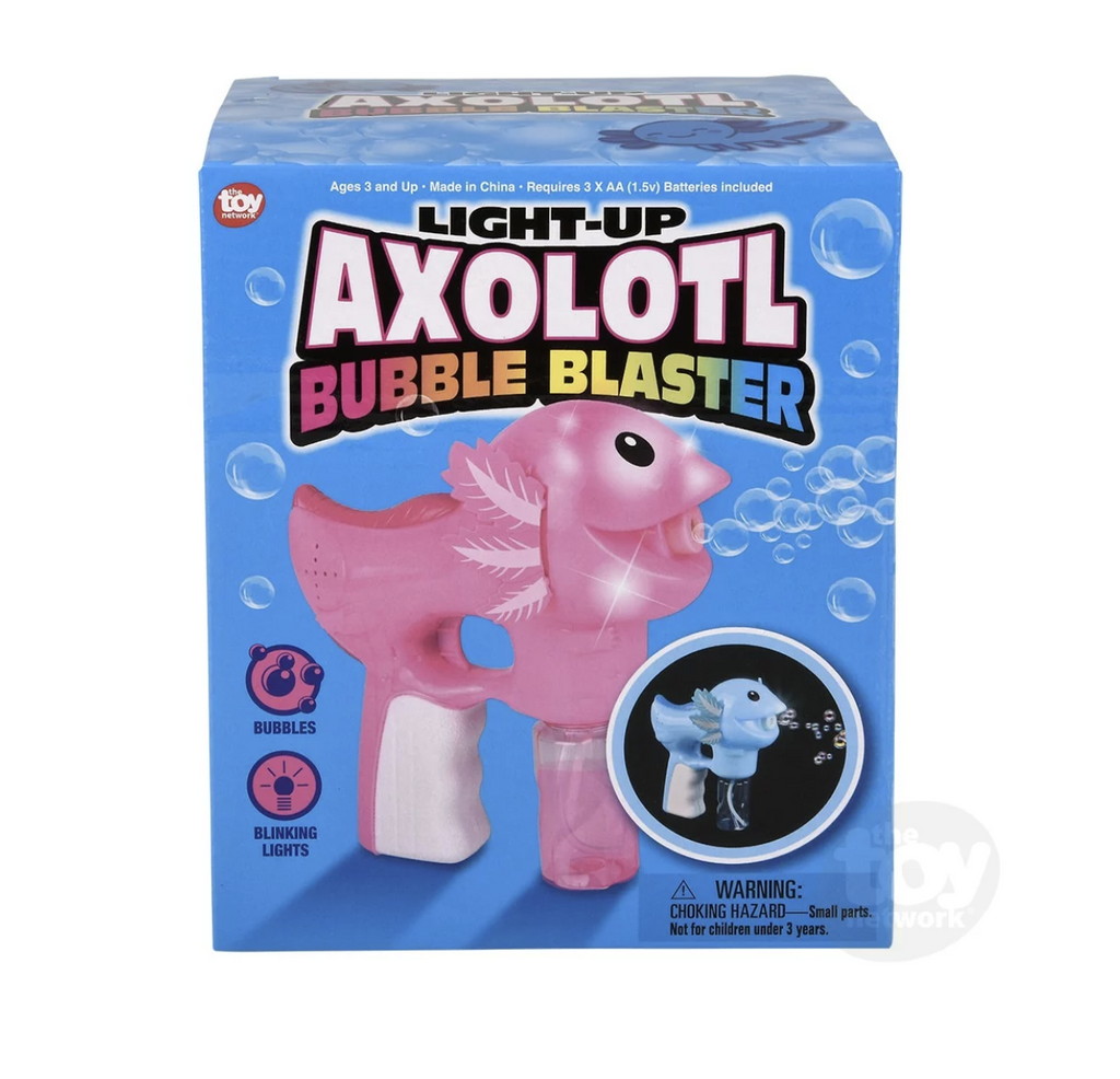 Blue box with pictures of the pink and blue light up axolotl bubble blowers. 