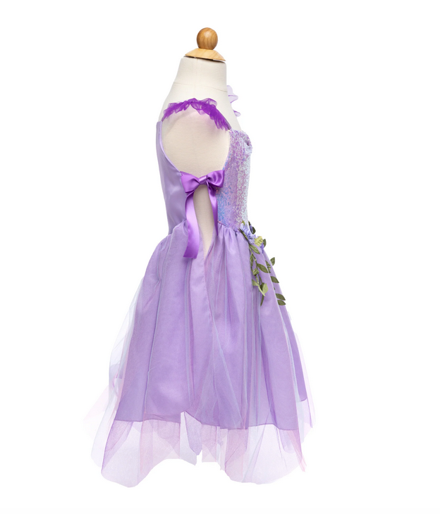 The Lilac Sequins Forest Fairy tunic top is made of hundreds of sequins with beautiful purple ribbons to tie at the waist. Petals are made from shimmering organza and tulle. It ties at the sides. 