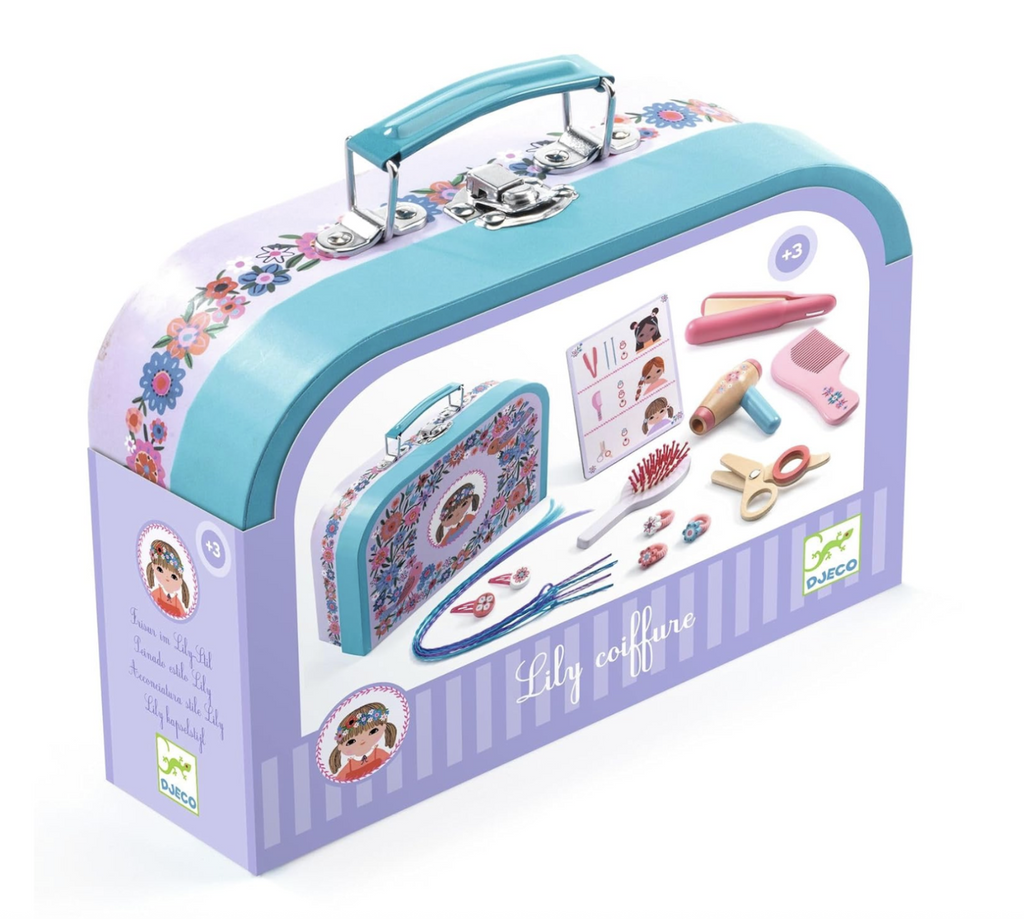 Purple and turquoise case with a floral pattern and handle with a picture each of the pieces included in the Lily Hairstyle Set including a wooden hair dryer, toy straightening tool, brush, scissors, and hair accessories. 