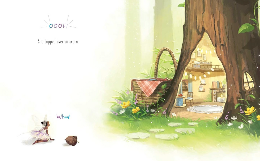 Interior page from Lily's Dream with an illustration of a secret fairy home in the base of a tree. 