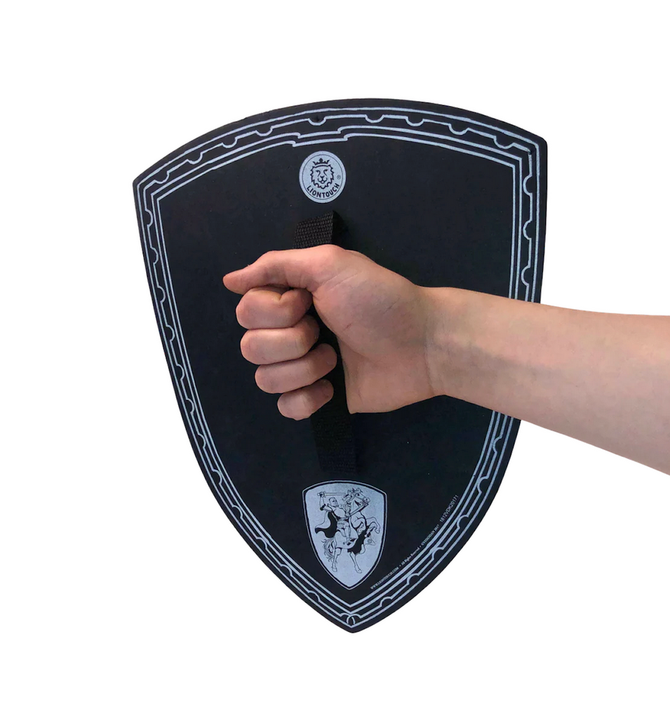 Back view of the Liontouch Knight Shield with a black handle. 