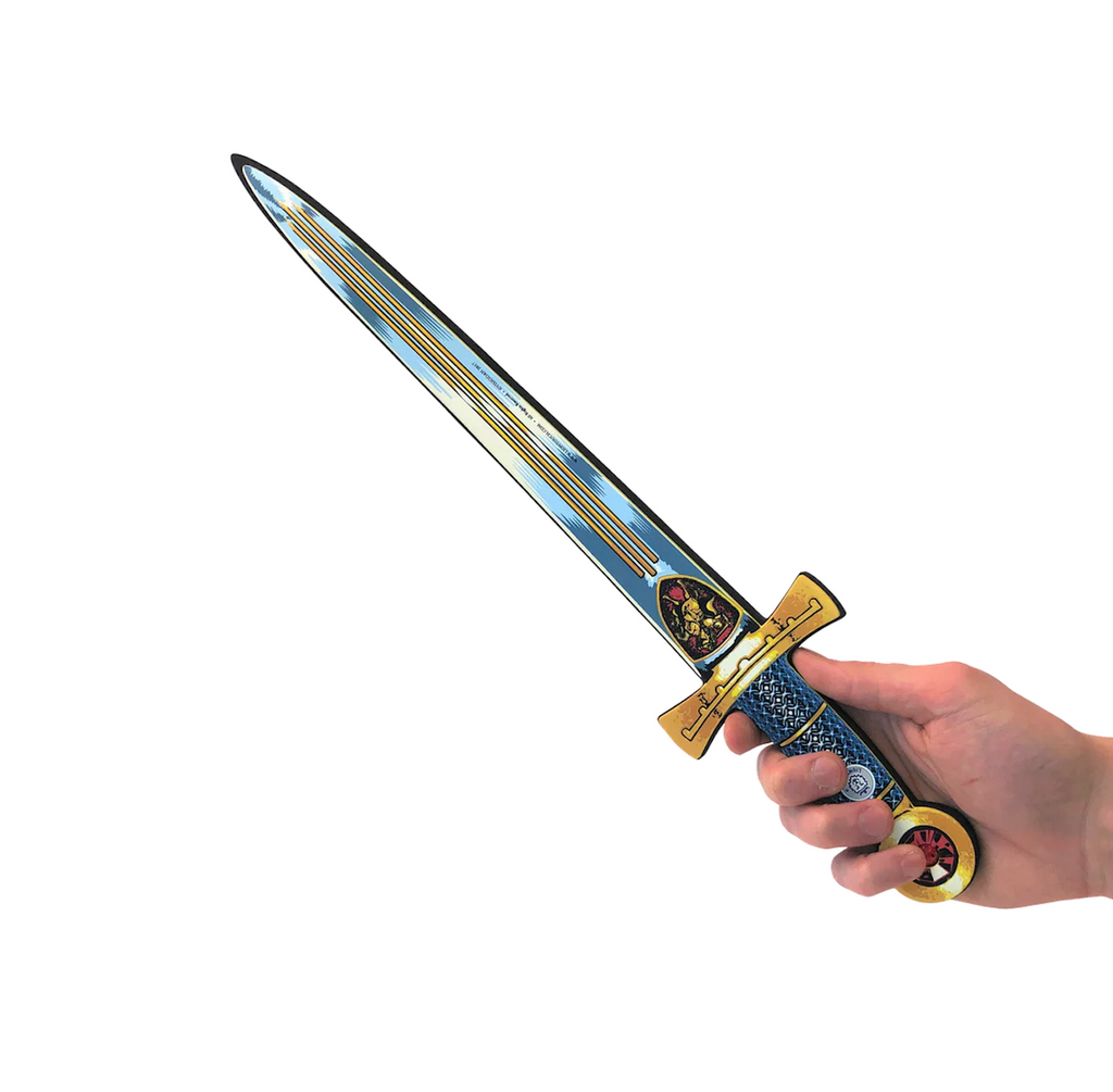 The Liontouch Knight Sword held in a hand on a white background. 