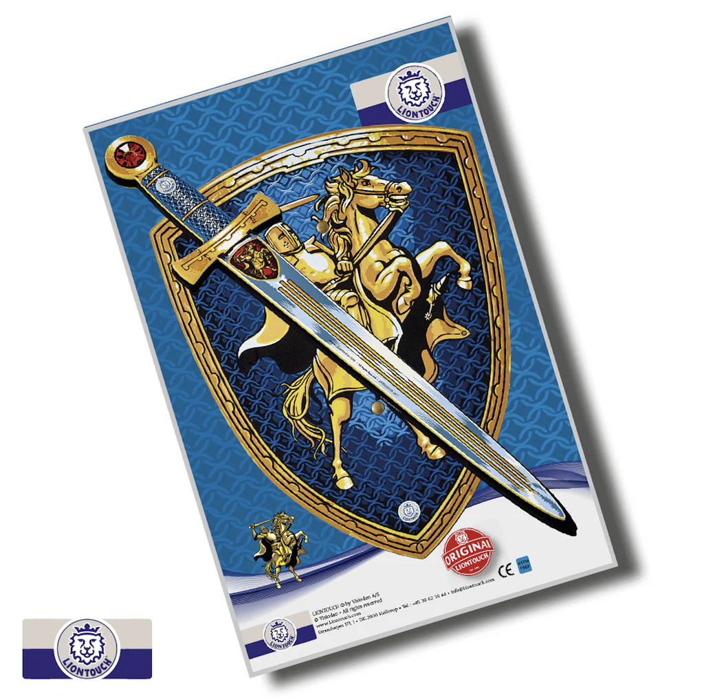 A box with a picture of the Liontouch Knight Set on the cover. The set includes a sword and shield, both decorated with the golden knight on horseback. 