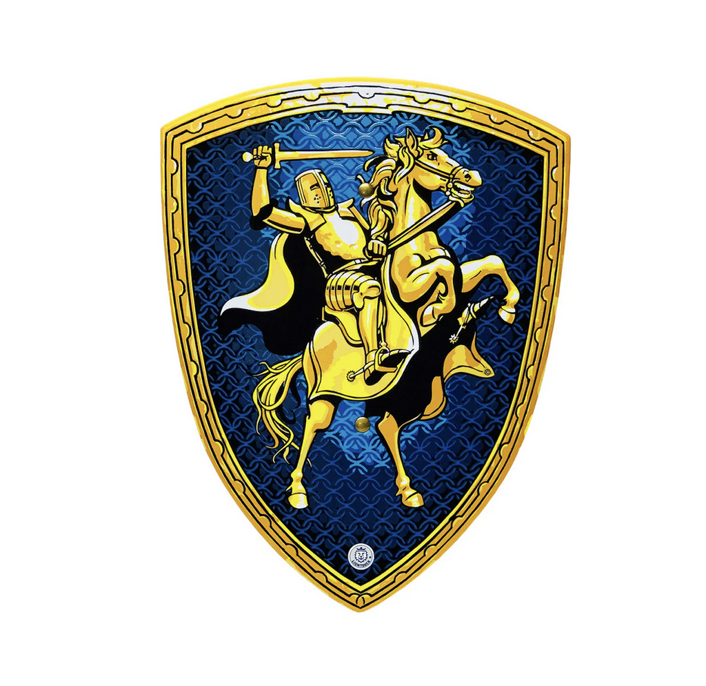 Liontouch Knight Shield decorated with a shining gold knight mounted on his horse and ready for battle on a blue background. 