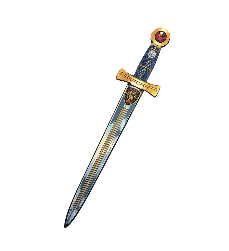 Lightweight EVA foam Knight Sword. The handle is blue and gold with a red jewel. The blade is blue with gold stripes. 