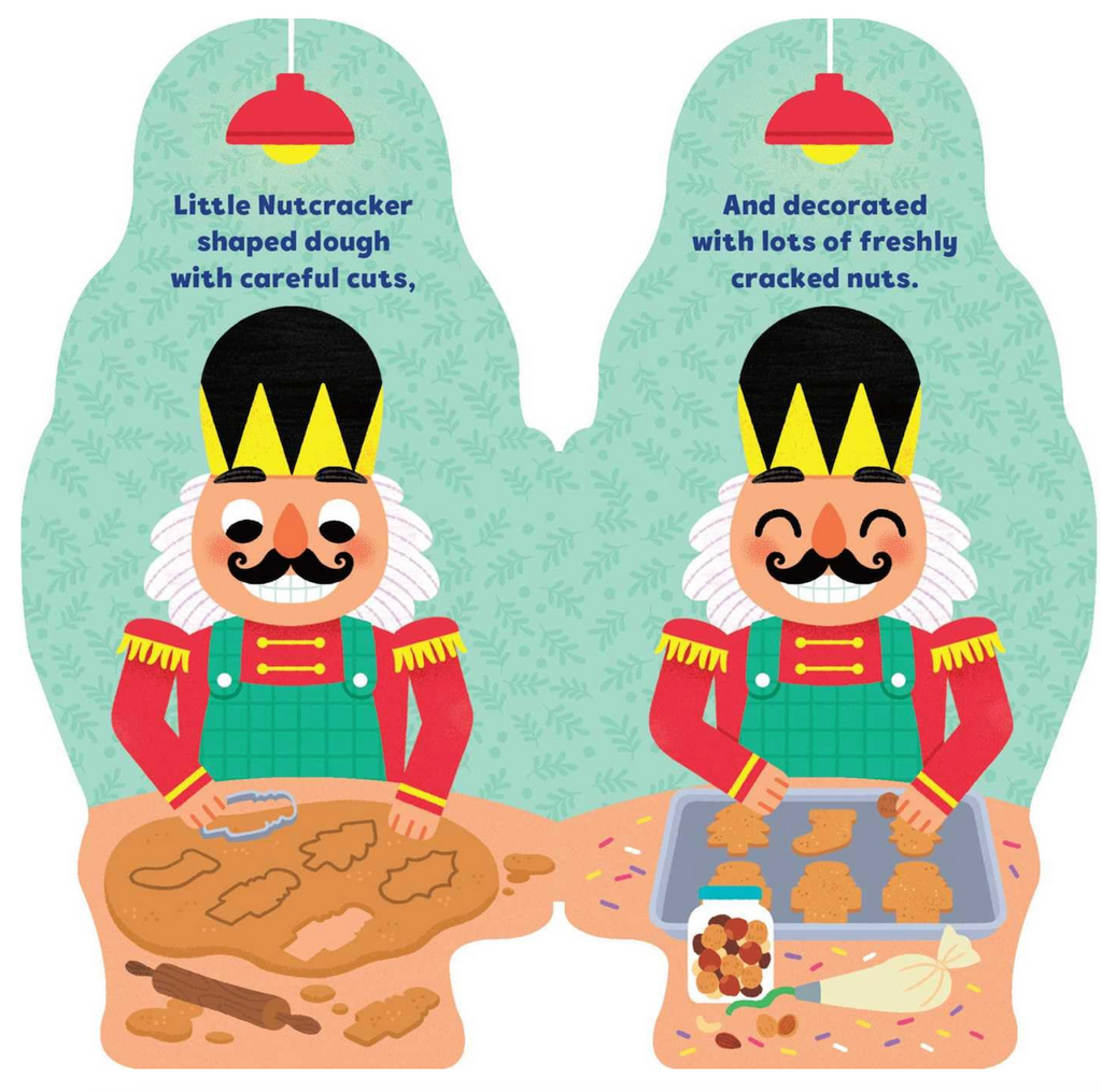 Interior pages from Little Nutcracker shaped board book showing the Little Nutcracker making cookies. 