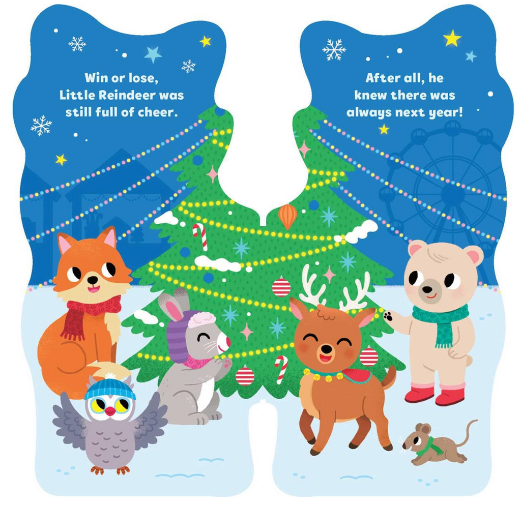 Interior page from Little Reindeer Shaped Board Book of Little reindeer and friends gathered around a Christmas Tree. 