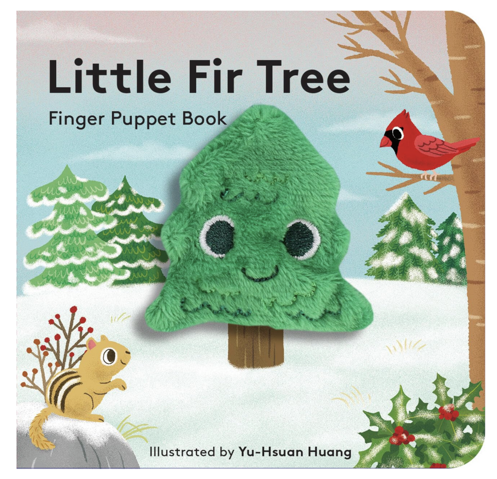 Cover of Little Fir Tree Finger Puppet Book scene of trees and animals in a snow covered forest. 