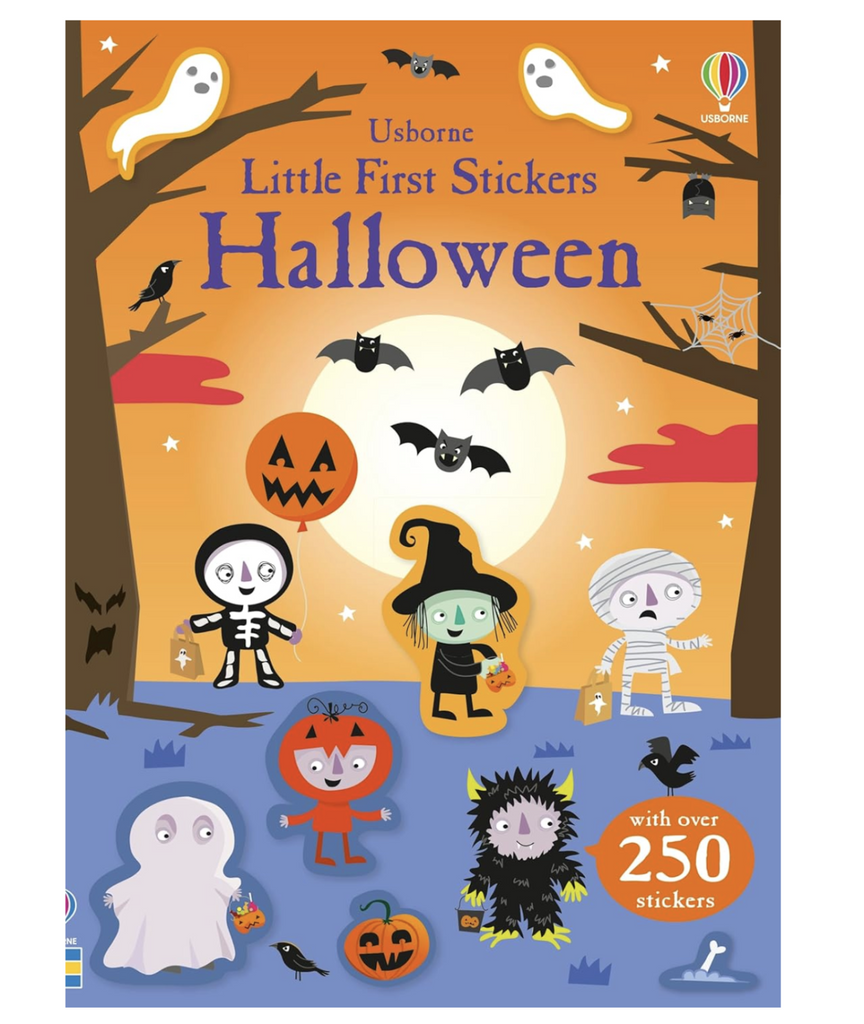 Illustrated cover of "Little First Stickers Halloween" with kids in costumes and bats flying all around. 