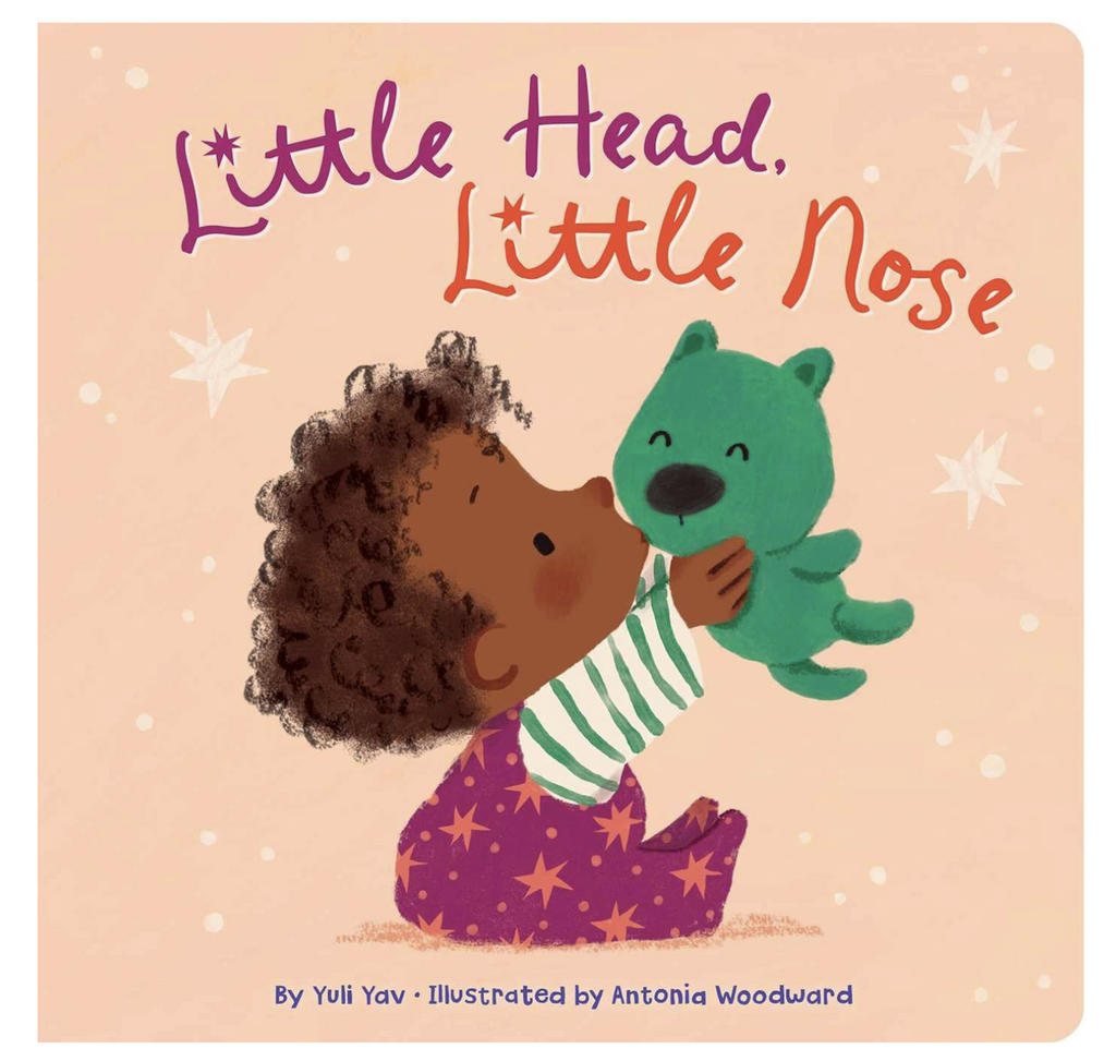 Illustrated cover of "Little Head, Little Nose" with a toddler in a seated pose giving his stuffed animal a kiss. 