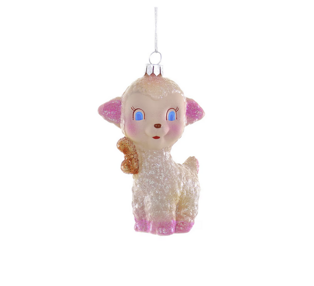 Retro inspired white and pink lamb glass and glitter ornament.