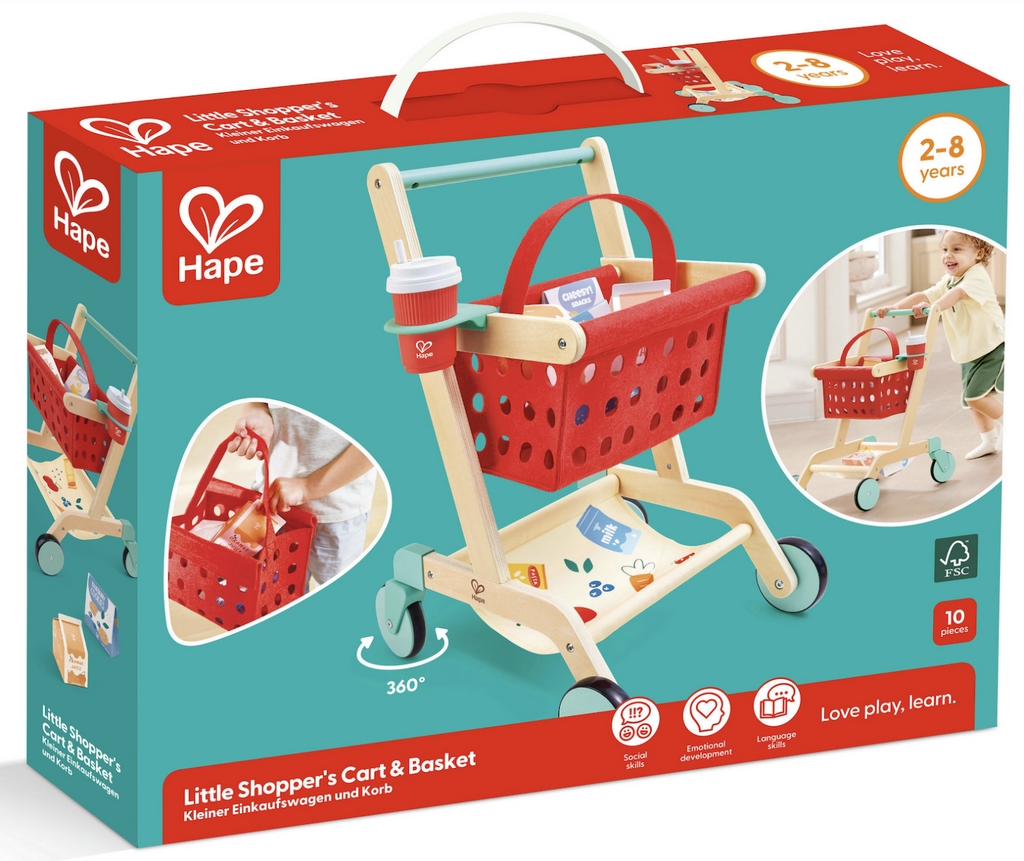 Light blue and red box holding the Little Shoppers Cart and Basket with pictures of the cart filled with all sorts of play food and kids pushing it around. 