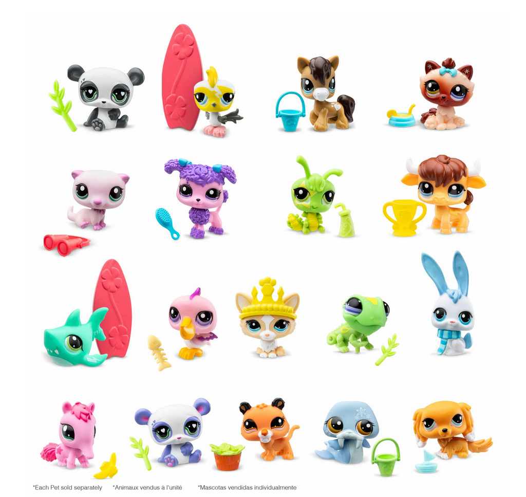 Image of all 18 various Littlest Pet Shop surprise pet figures in the series along with their small accessory.