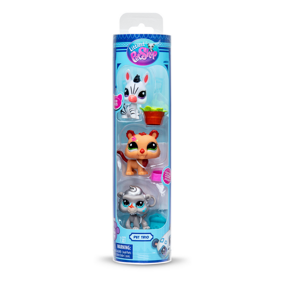 Package of Littlest Pet Shop Pet Trio series 2 includes a white zebra, a lion cub, and a silver monkey figure.