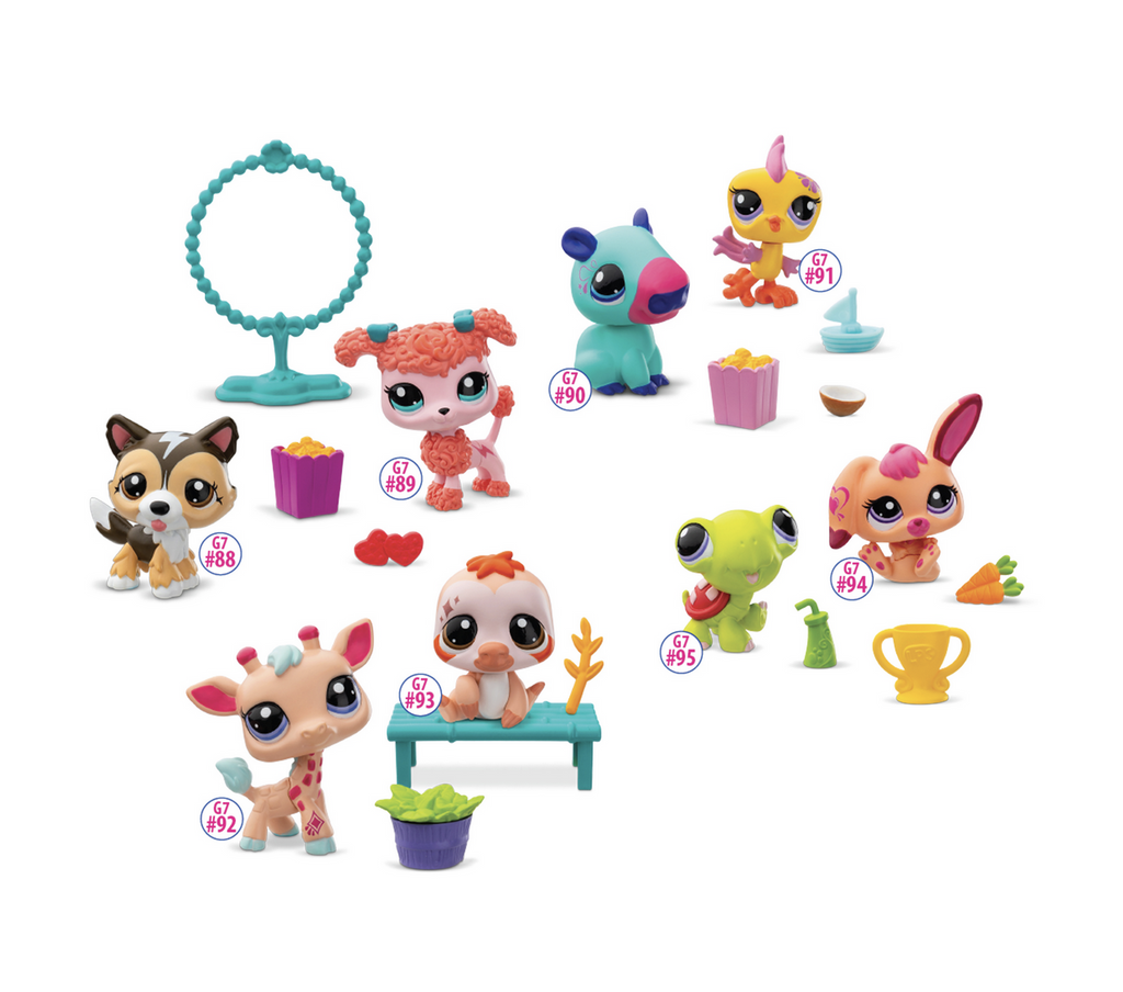 Examples of the 8 different Littlest Pet Shop Pet Pairs series 2 with their accessory on a white background.