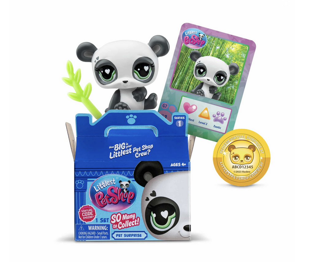 Littlest Pet Shop Surprise box contains 1 surprise figure, 1 virtual Roblox code, and 1 trading card.