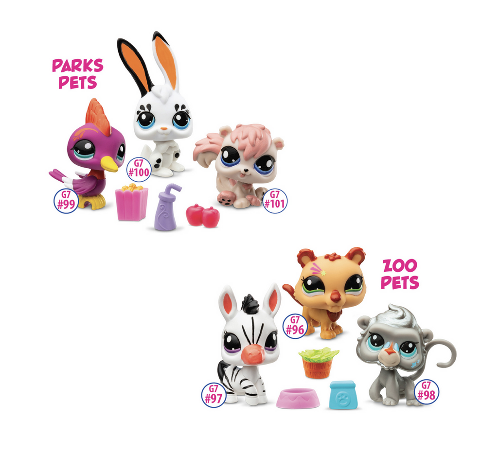 Variety of Littlest Pet Shop Pet Trio figures on a white background.