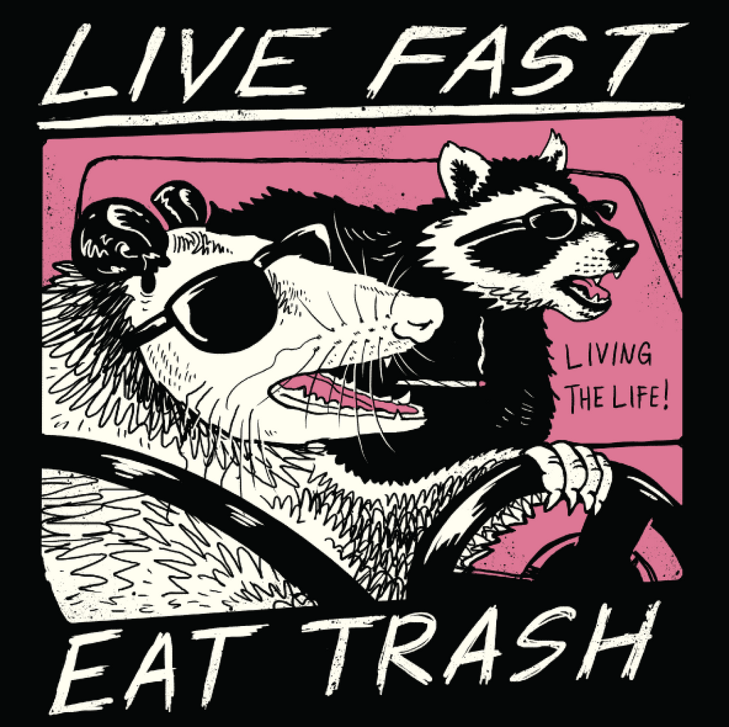 Close up of the printed t-shirt with an image of a possum and raccoon riding in a car wearing sunglasses, that reads "Live Fast, Eat Trash" 