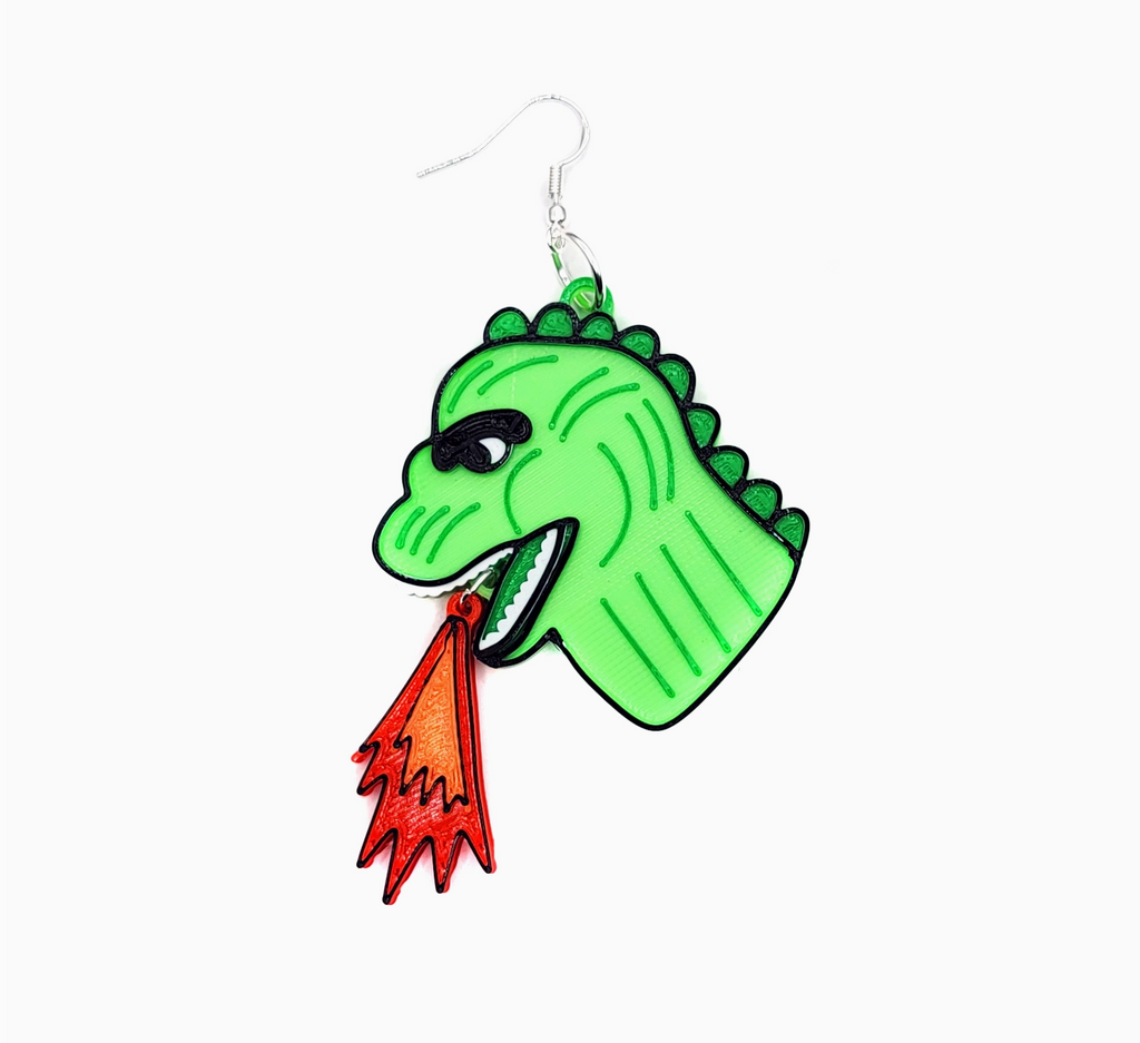 Close up of a single Lizard King Kaiju earring with silver plated ear wire. 