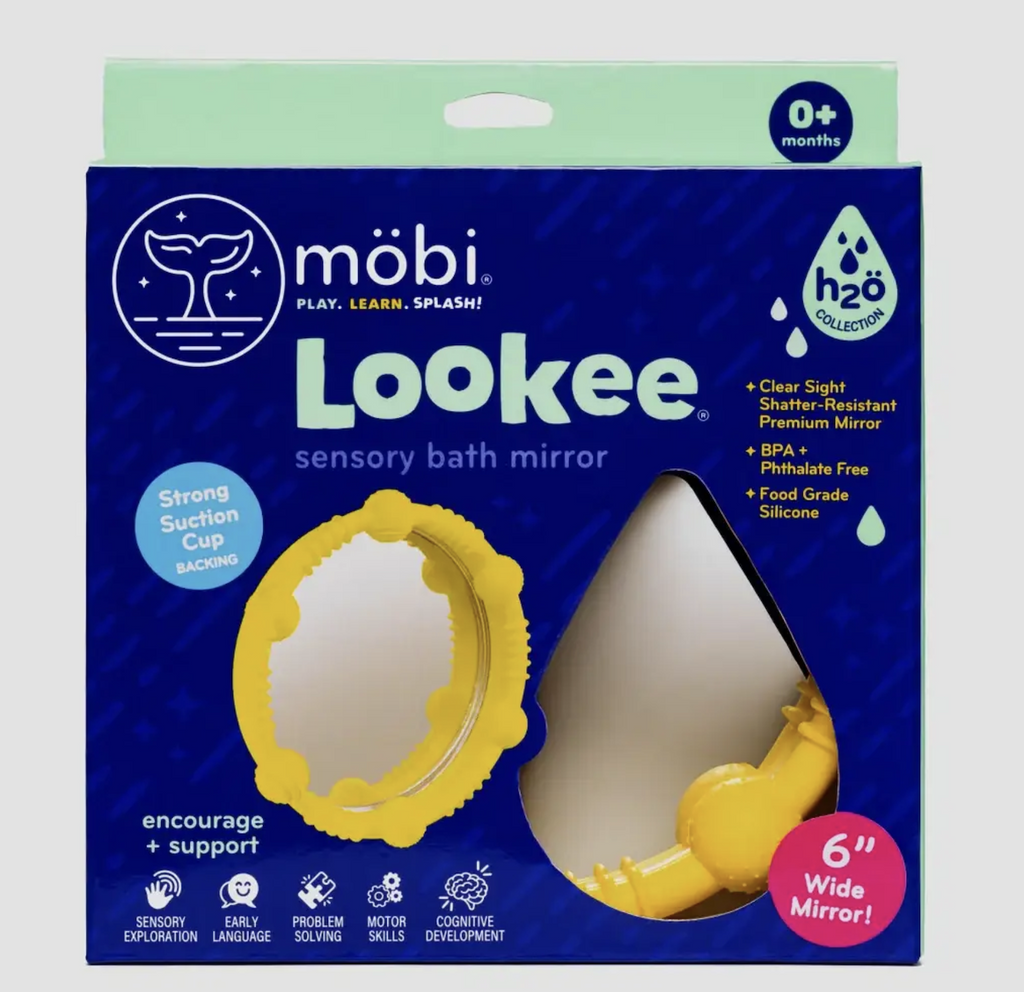 Bright blue box with a picture of the yellow Lookee bath mirror as well as an opening so that the frame of the mirror can be seen and felt. 