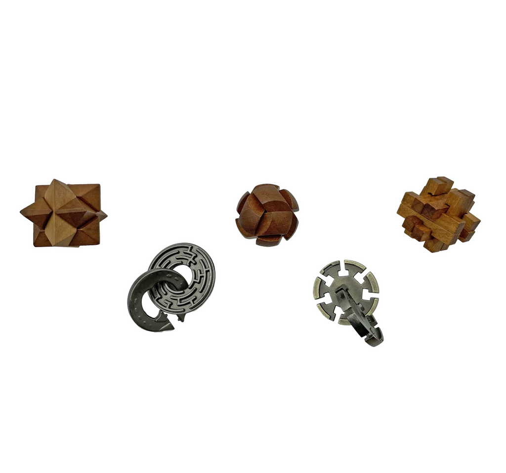 Collection of wooden and metal puzzle toys from the Lost Treasure Collection. There are both metal and wooden brainteaser puzzles included. 