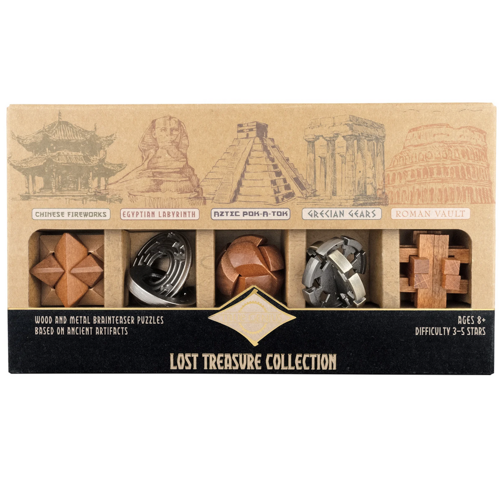 Set of 5 wood and metal brainteaser puzzles packaged in a cardboard box with a clear window that shows each puzzle with an illustration of the ancient civilizations they were found in. 