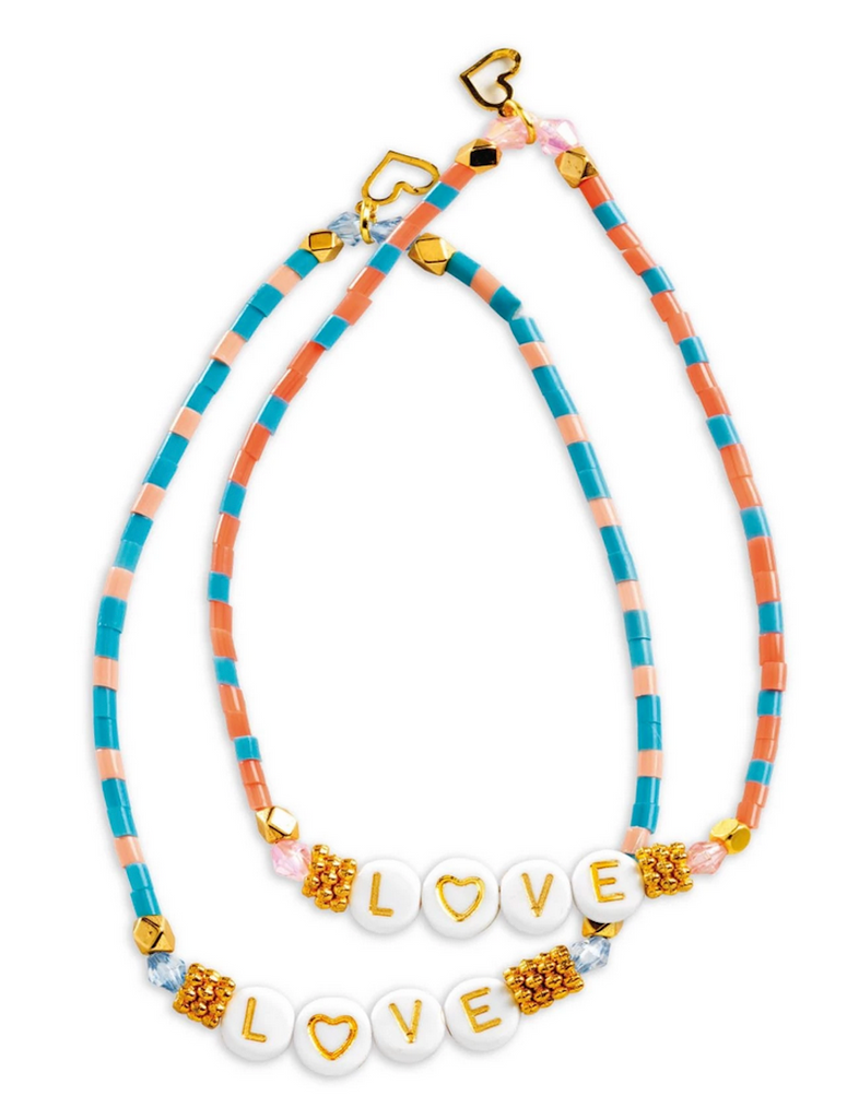 Two colorful bracelets with the word "Love" spelled with letter beads. 