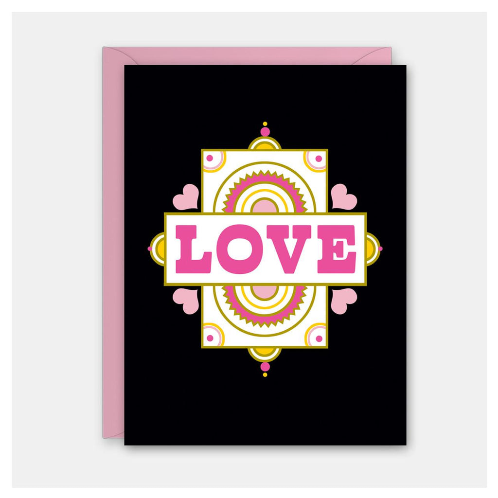 Illustrated greeting card with the word love in hot pink letters over an art deco styled panel on a black background. 