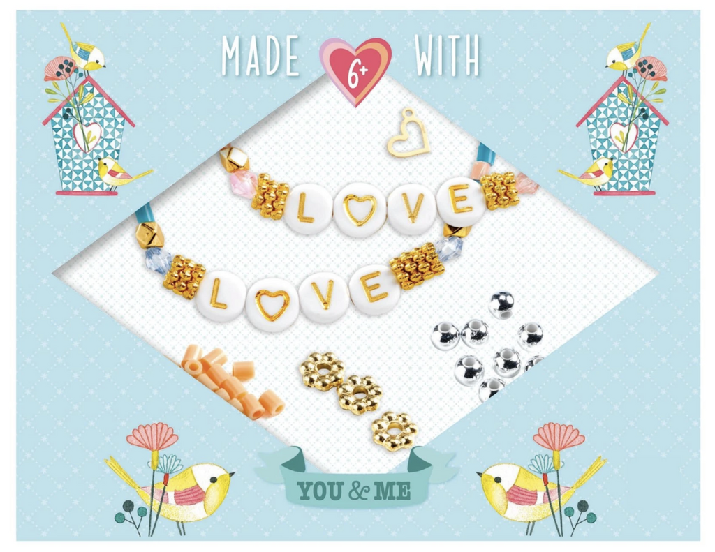 Love Letters Beads and Jewelry Kit box with pictures of the colorful beads, and colored beads included in the kit. 