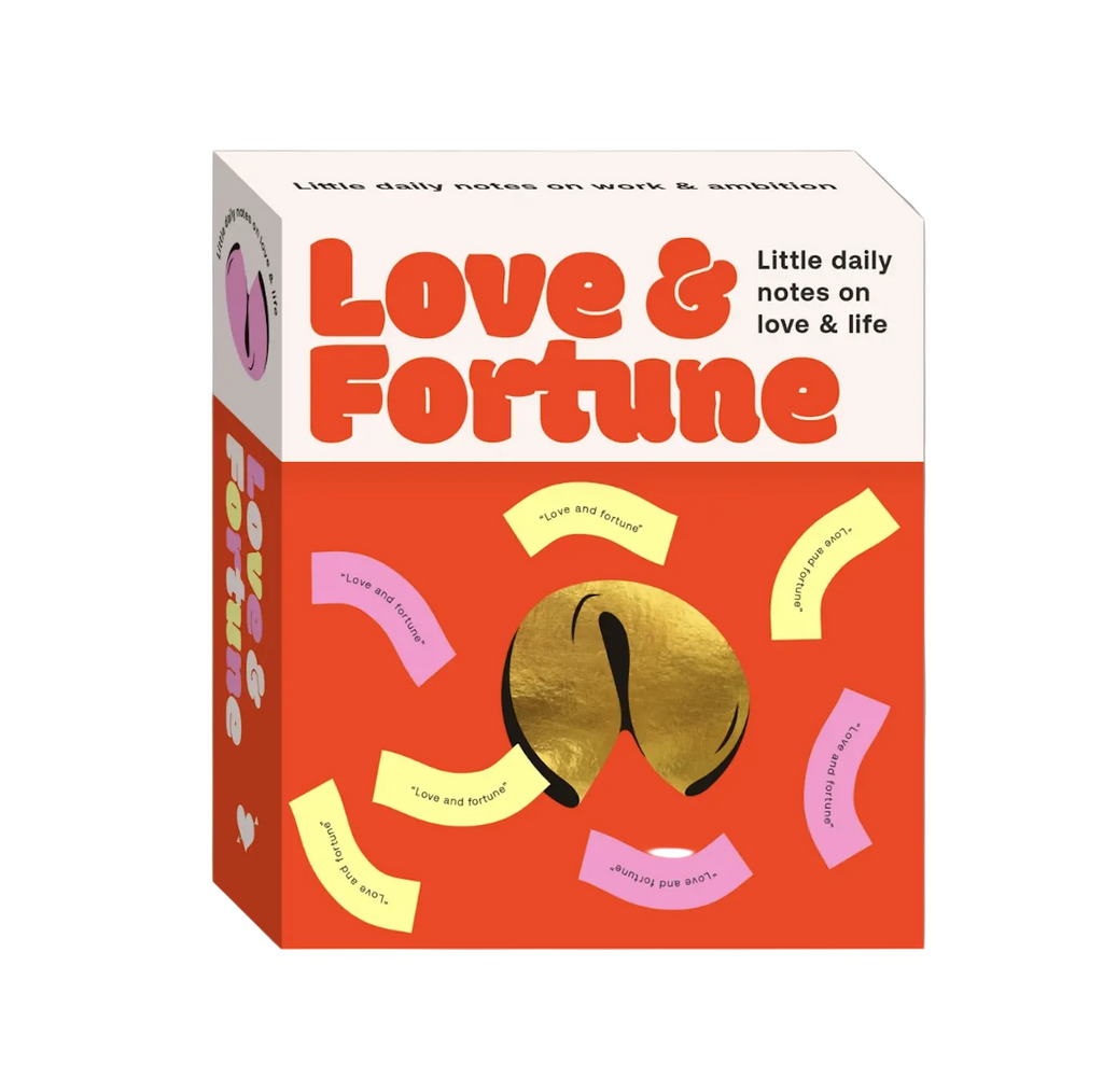 Love & Fortune box with the fortune cookie holder and examples of the daily wisdom and fortunes that are found in the set pictured. 