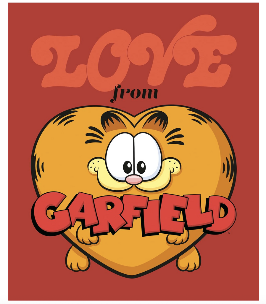 Front cover of "Love from Garfield" featuring an extreme close up of a heart shaped Garfield. 