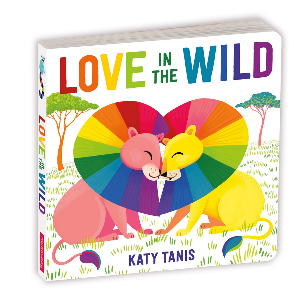 Beautiful cover of Love in the Wild illustrated with animals that have bright rainbow  colored manes who are embracing and form a heart with their manes. 