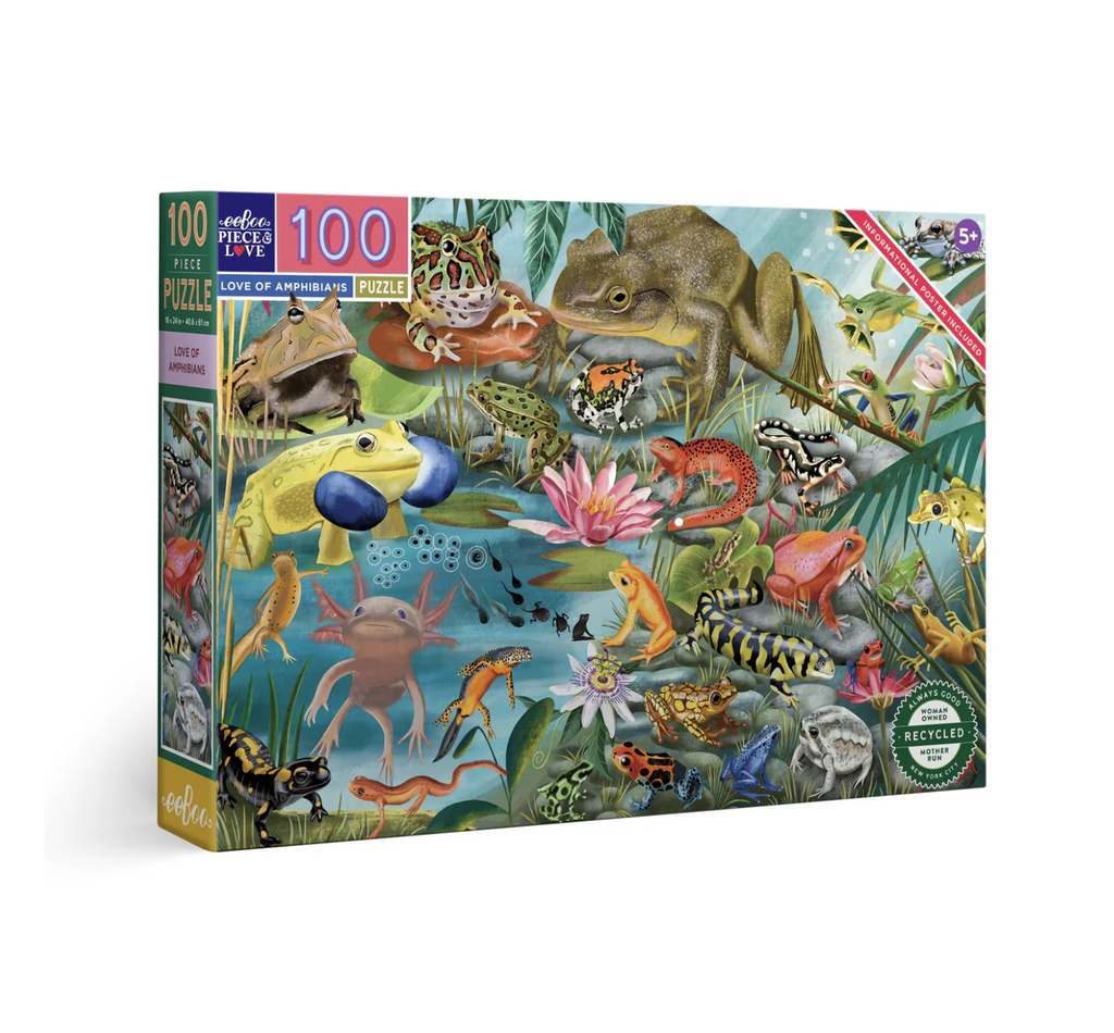 Illustrated box of 100 piece Love of Amphibians jigsaw puzzle.